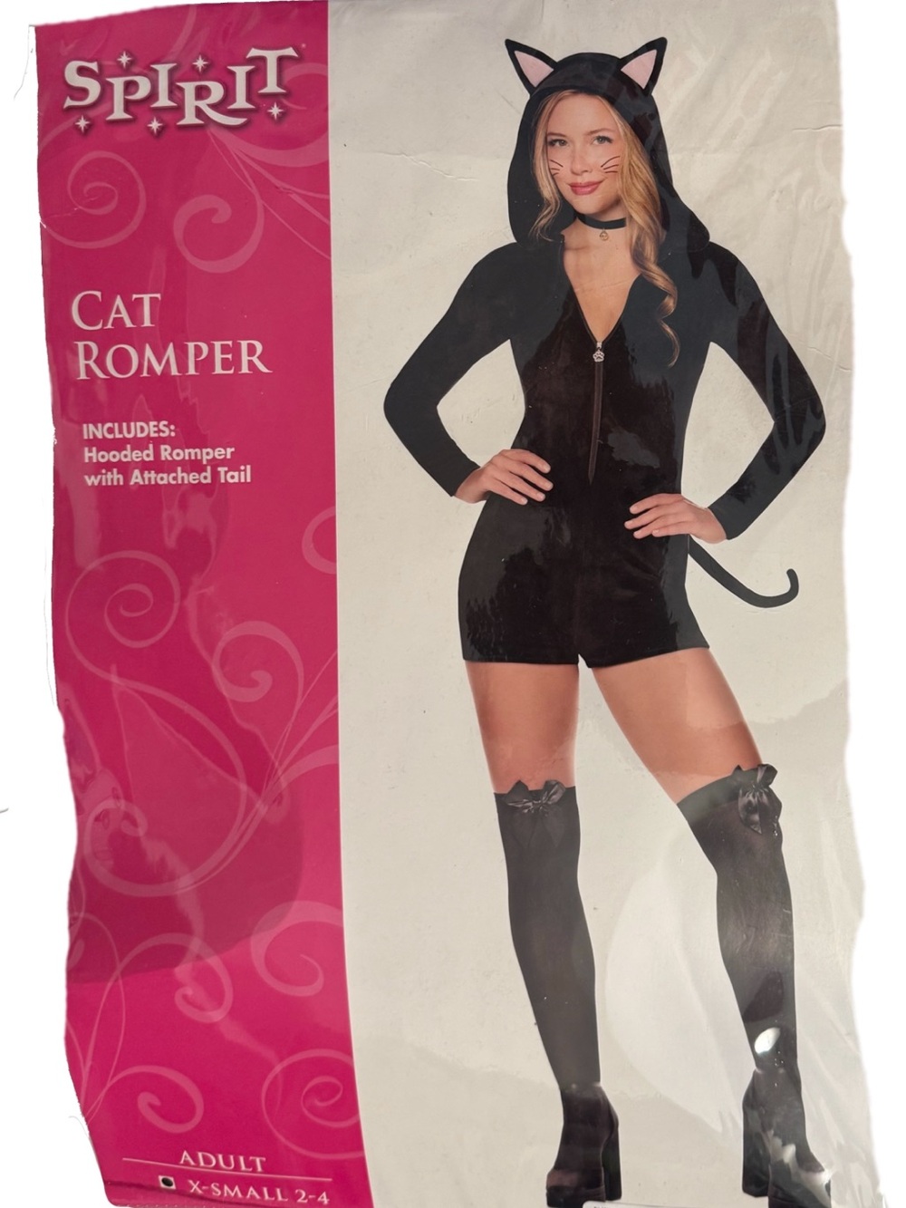 Spirit Adult Black Cat Romper with Attached Tail Halloween Costume XS